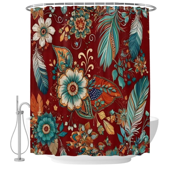 Small Stall Shower Curtain 36x78 Inch Narrow Half Size Teal Red Flowers Bath Curtains Bathroom Decor, Spring Floral Feather Waterproof Fabric Shower Curtain Set with Hooks 36 Inch