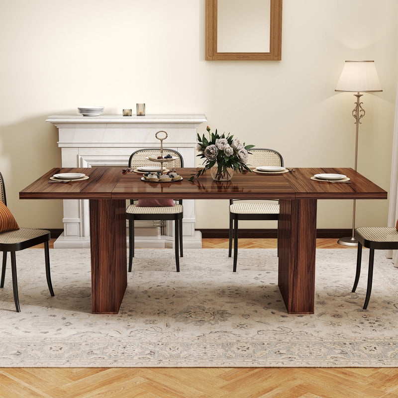 Hawsaiy 78" Rectangular Farmhouse Dining Table for 6–8, Large Kitchen Table with Grooved Wood Base, Thick Waterproof Top for Dining Room, Walnut