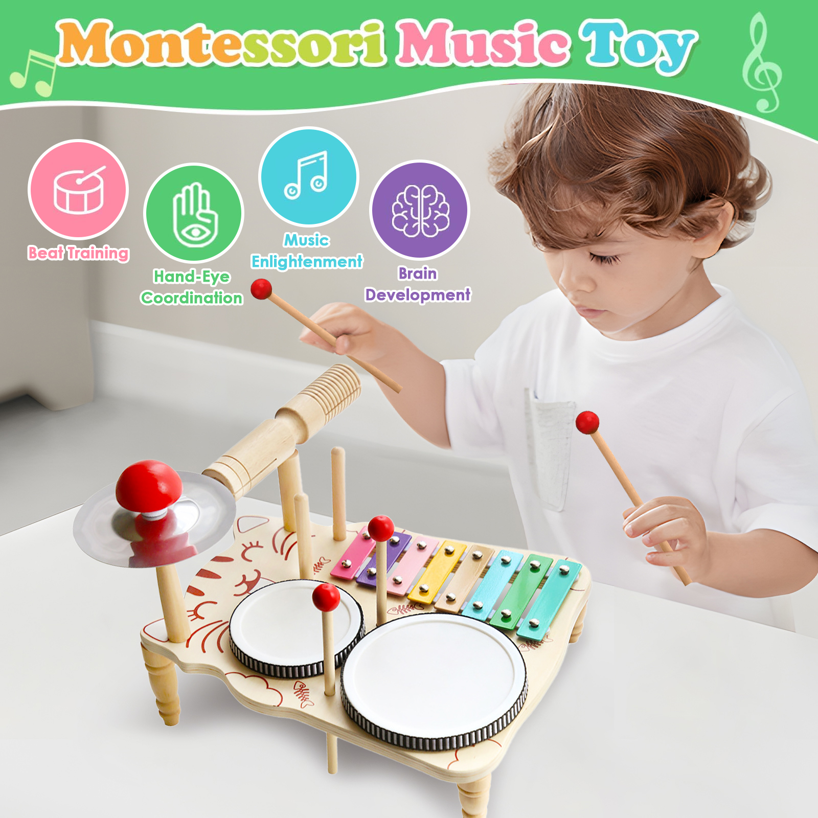 SINGOMON Children's Drum Set, Wooden Musical Toys (Includes Xylophone Cymbals), Birthday Gifts For Boys And Girls Studying In Montessori