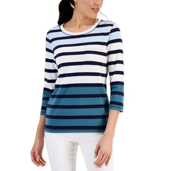 Karen Scott Womens Galia Colorblocked Striped Top Intrepid Blue XS