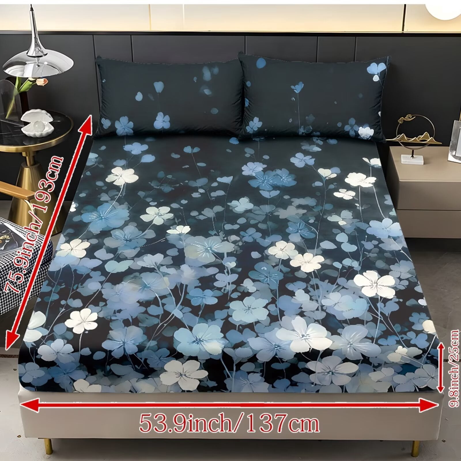 ZIATUBLES Twin Sheet Set, 3 PCS Black Wildfloral Printed Soft Cozy Bed Sheet Set, Breathable 9.8" Standard Pocket, Easy Care Bedding for ‌All-Season Use(1 Fitted Sheet, 2 Pillowcase)