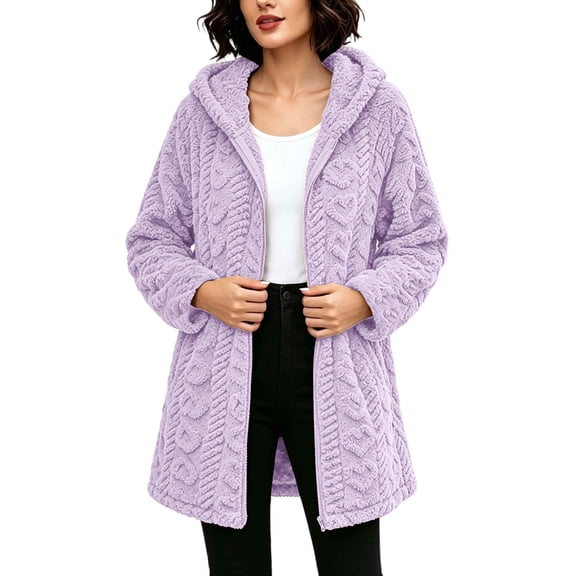 Guluxicc Women's Cable Knit Hooded Coat Warm Fuzzy Texture Full Zipper Long Sleeve Lounge Jacket for Evening Fall Winter