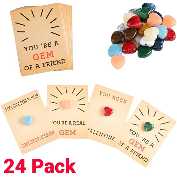 CCOCC Valentines Day - 24 Pack Valentines Cards with Heart-Shape Crystals - Valentine Exchange Party Favor