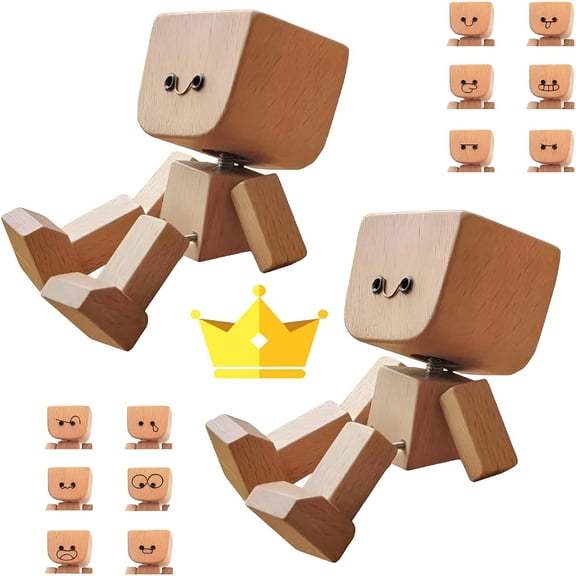 LAMIRO Shaking Wooden Man Figurine,Handmade Shaking Feet Wooden Car Dashboard Decorations with 12 Pcs Magnetic Expressions,Creative Wood Desktop Decor (3In A)