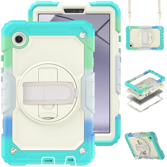 XYX For Samsung Galaxy Tab A9 Case 8.7 inch, 360 Rotating Shockproof Cover with Stand, Screen Protector, Shoulder Strap (2023, SM-X110/X115/X117), Rainbow Blue