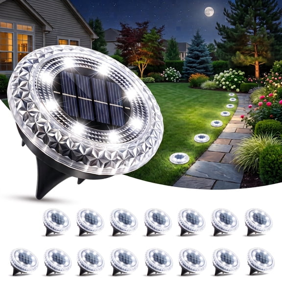 Ceevoo 16 Pack Solar Ground Lights Outdoor, 8 LED Waterproof Solar Powered in-Ground Disk Lights for Driveway Pathway Garden Landscape Yard Deck Lawn Patio, White