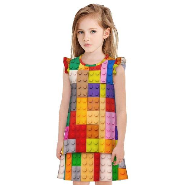 Fotbe Colorful Plastic Blocks Pattern Vestido de Dormir para Niñas de 3 a 10 Años, Mangas Cortas, Estilo Princesa, Pijama Camisón con Mangas Voladas-Small