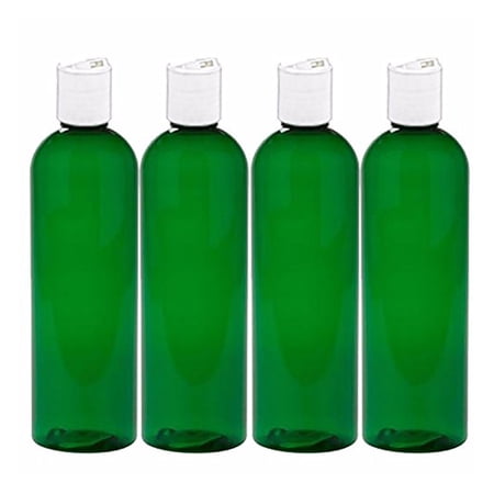 MoYo Natural Labs 4 oz Travel Bottles, Empty Travel Containers with Disc Caps, BPA Free PET Plastic Squeezable Toiletry/Cosmetic Bottle (Neck 20-410) (Pack of 4, Green)
