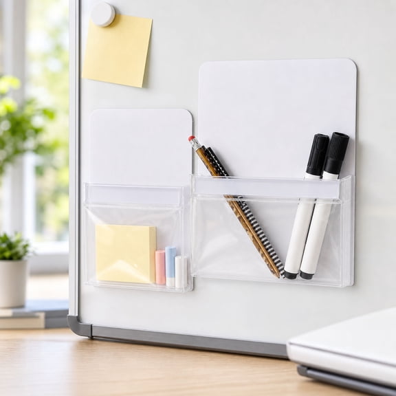 Magnetic Storage Pockets 2 Pack - Clear Magnetic Pen Organizer for Whiteboard, Locker, Refrigerator, Multi Purpose Wall Caddy