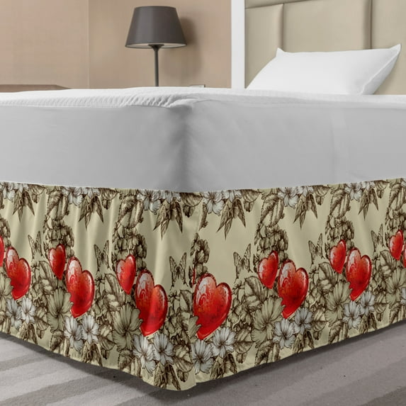 Love Bed Skirt, Pattern Valentine's Day with Flowers and Butterfly Holiday Love Antiquity Vintage, Elastic Bedskirt Dust Ruffle Wrap Around for Bedding Decor, 4 Sizes, Beige Brown Red, by Ambesonne