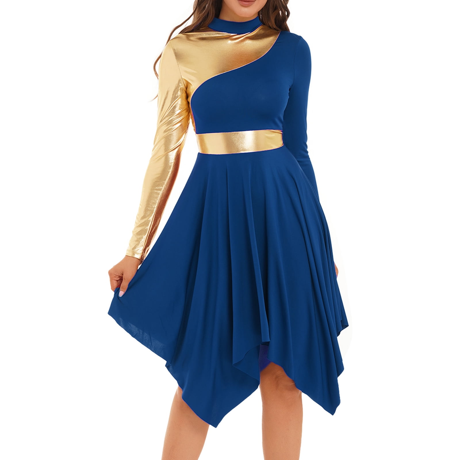 YONGHS Women Long Sleeve Praise Dance Dress Liturgical Metallic Color Block Worship Robe Dresses