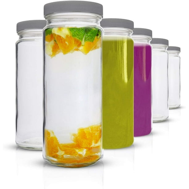Glass Water Bottles Set 6 Pack Wide Mouth with Lids for Juice