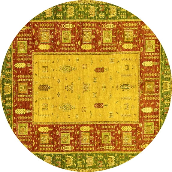 Ahgly Company Machine Washable Indoor Round Abstract Yellow Modern Area Rugs, 4' Round