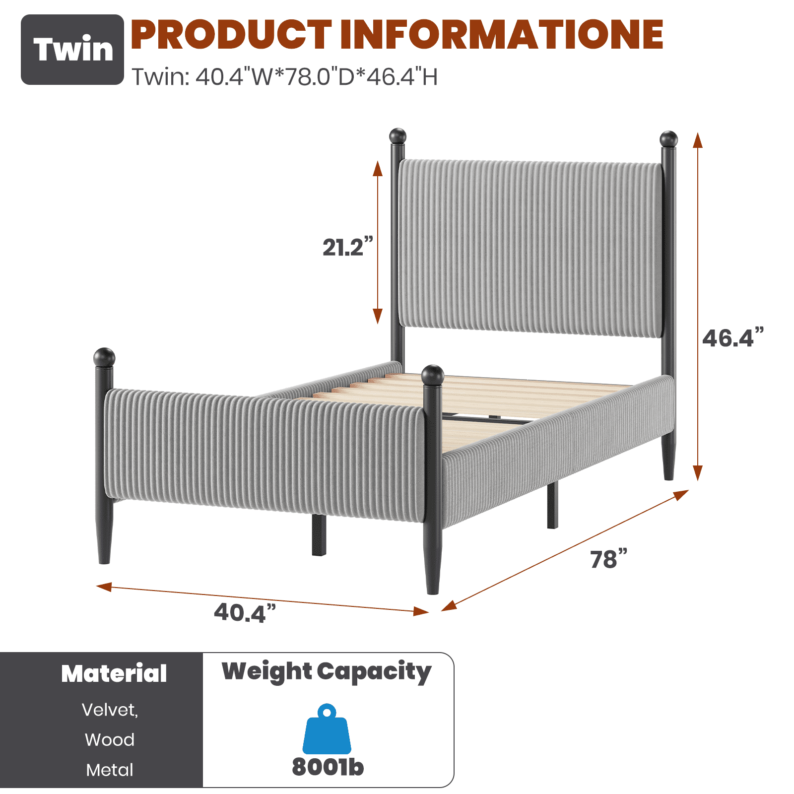 Twin Size Upholstered Bed Frame with Velvet Headboard, Soft Corduroy Fabric Platform Bed with Wooden Slats Support, No Box Spring Needed, Grey
