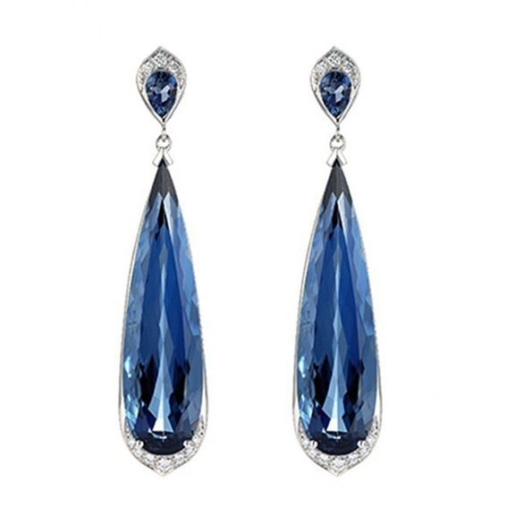 Grandest Birch Elegant Women Water Drop Dangle Earrings Faux Sapphire Inlaid Wedding Jewelry Copper Faux Sapphire Blue