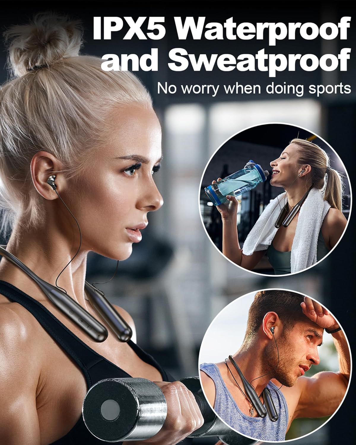 Bluetooth Neckband Headphones 100 Hours Long Playtime,Around The Neck Bluetooth Earbuds with Microphone,Waterproof Sport Earphone,Over The Neck Headset with Storage Case