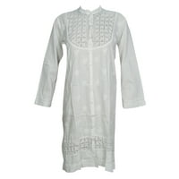 Mogul Womens Long Cotton Dress White Floral Embroidered Summer Comfy Ethnic Indian Tunic Cover Up S