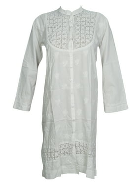 Mogul Womens Long Cotton Dress White Floral Embroidered Summer Comfy Ethnic Indian Tunic Cover Up S