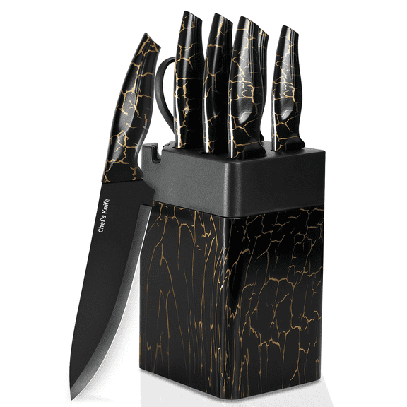 Xanapon Knife Set, 7 Pieces Kitchen Knife Block Set, High Carbon German Stainless Steel, Dishwasher Safe Knives with Sharpener, Black