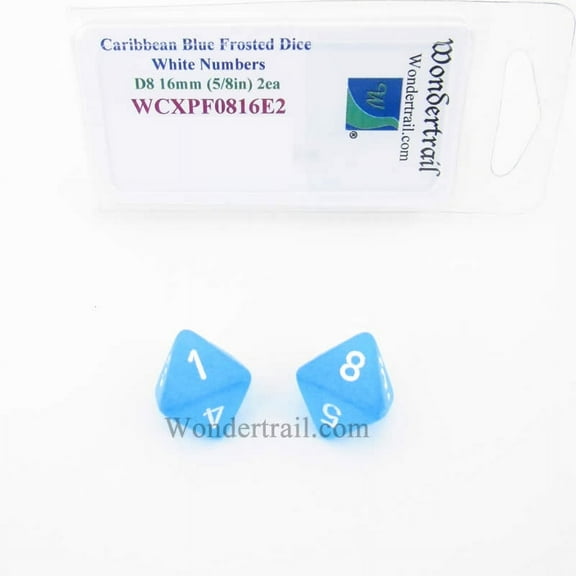Caribbean Blue Frosted Dice with White Numbers D8 Aprox 16mm (5/8in) Pack of 2 Wondertrail