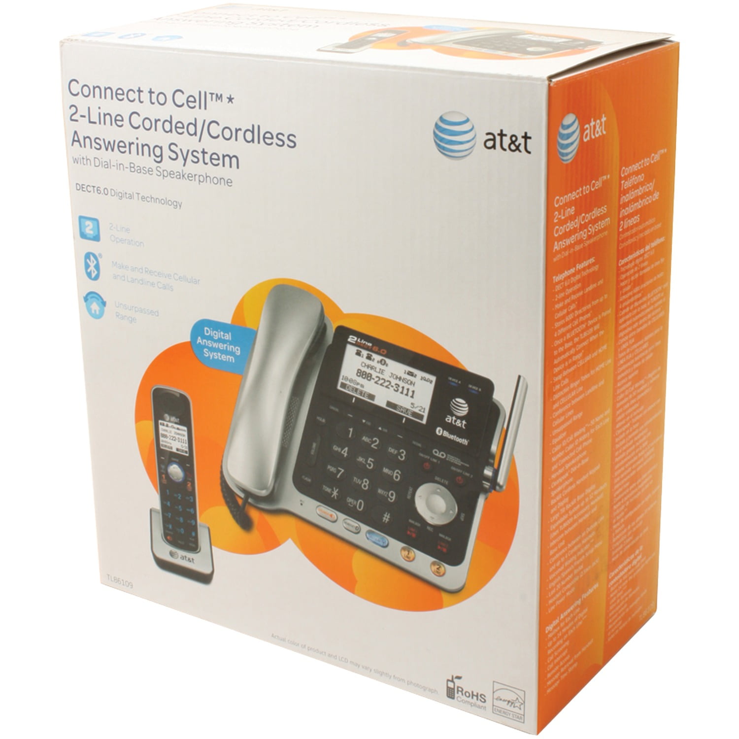 AT&T DECT 6.0 Connect to Cell 2-Line 2-Handset Expandable Corded/Cordless Phone System with Caller ID & Call Waiting, Black & Silver, TL86109
