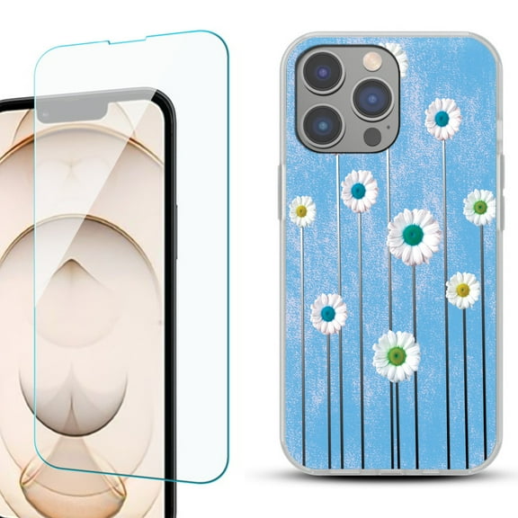 OneToughShield ® for iPhone 15 Pro Max Shockproof Fashion Phone Case, with Tempered Glass Screen Protector - Daisy Sky