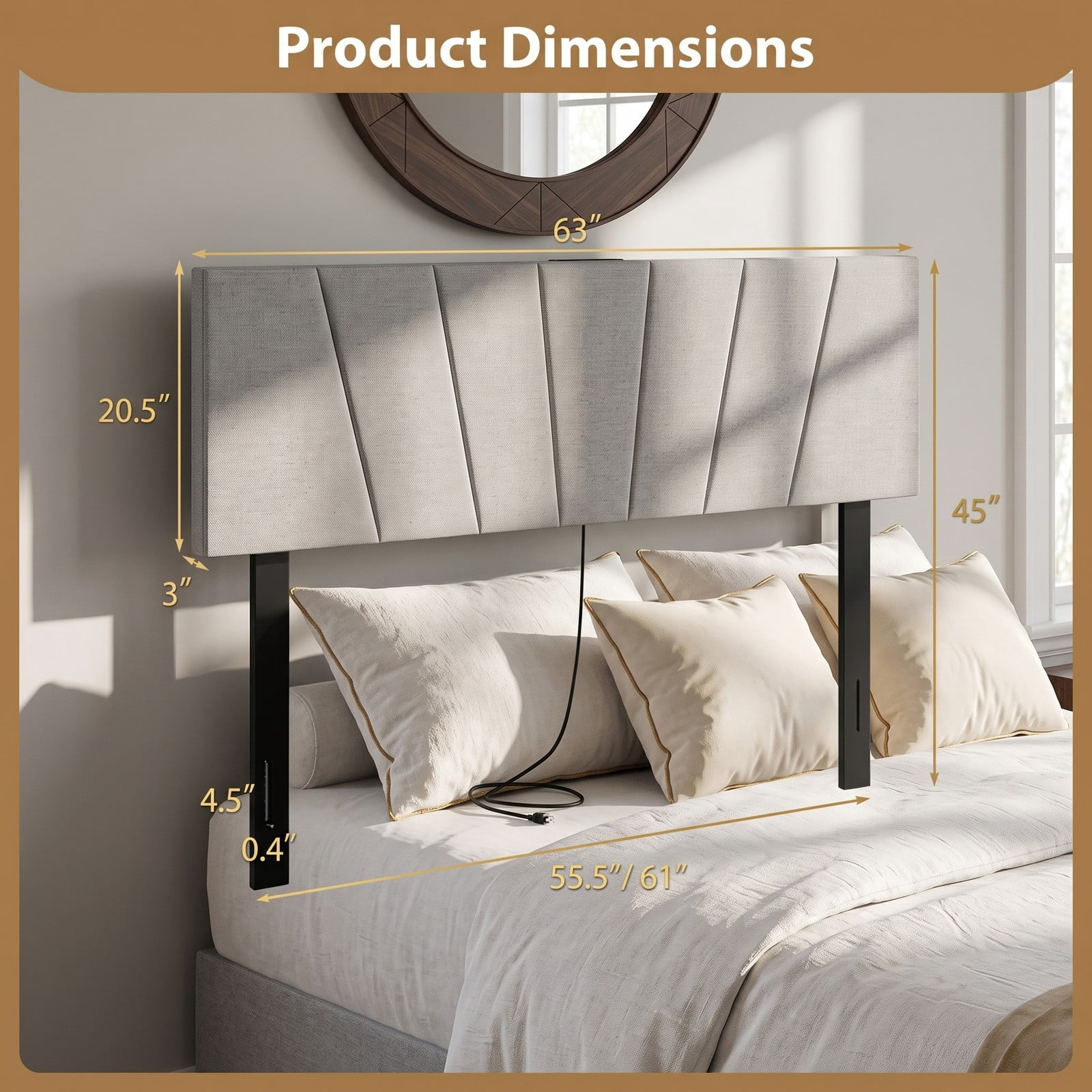 Furnibear Geometric Channel Upholstered Headboard with 2 AC Outlets and USB and Type-C Charging Ports for Full and Queen Size Beds, Gray