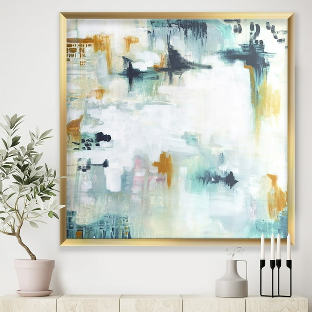 Designart 'Teal And White Composition' Modern & Contemporary Framed Art Print - 30x30