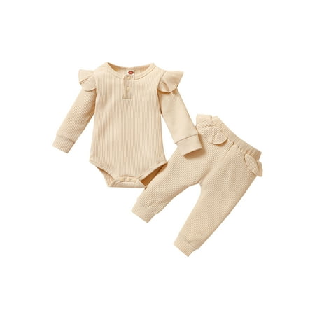 

Canrulo 2Pcs Newborn Infant Baby Girl Ribbed Solid Ruffle Long Sleeve Romper Tops Pants Clothes Beige 12-18 Months