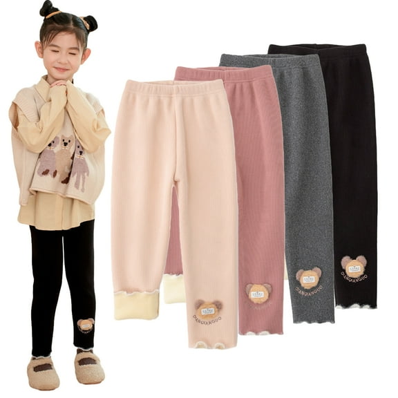 Godderr Baby Kids Girls Winter Fleece Leggings Toddler Cute Bear Padded Tights Pants Warm Plush Trousers Thickened Thermal Bottoms for 2-10 Years Old