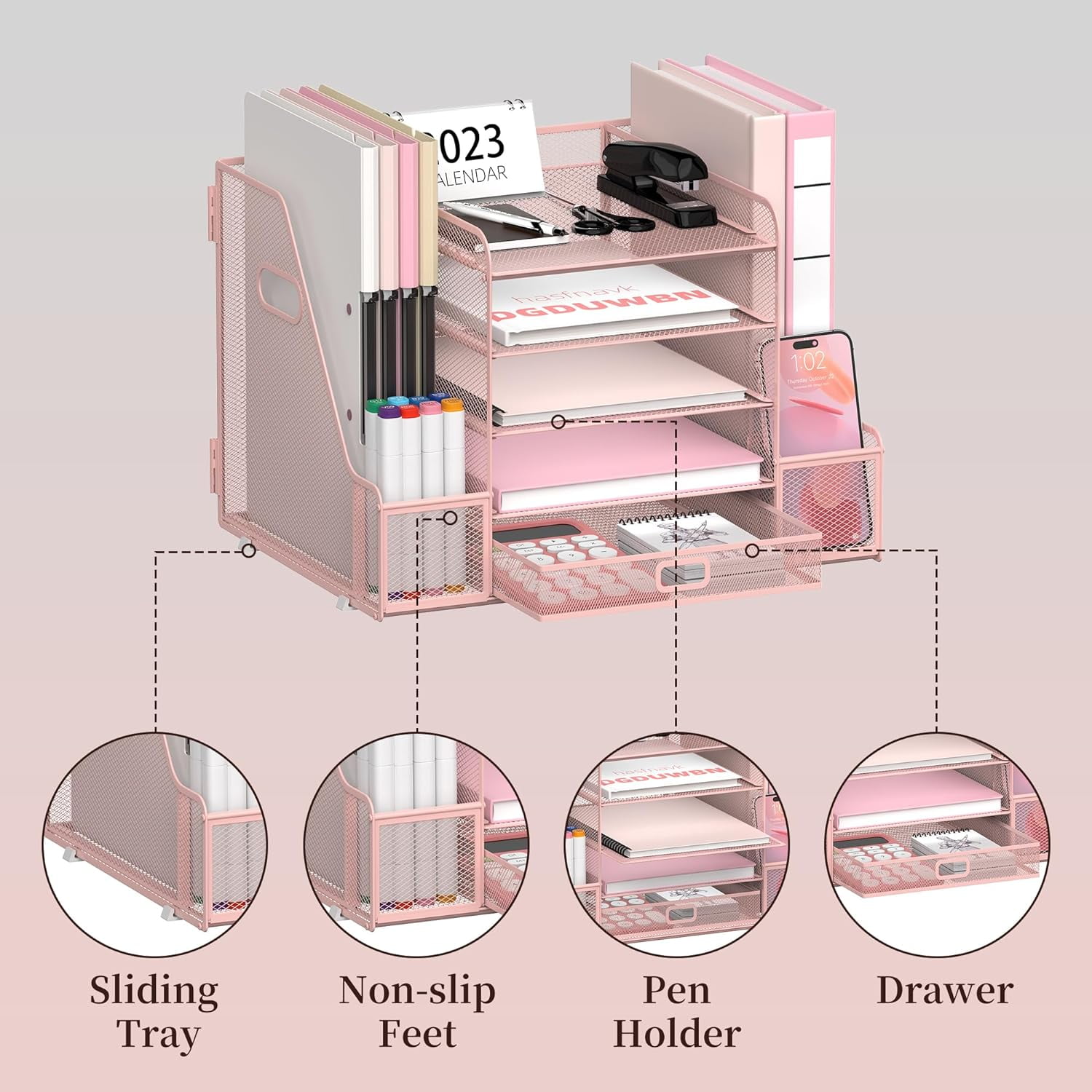 INTIGE 5-Tier Metal Desktop Organizer with 2 Pencil Holder, 1 Drawer, 2 File Storage, Handle, Pink