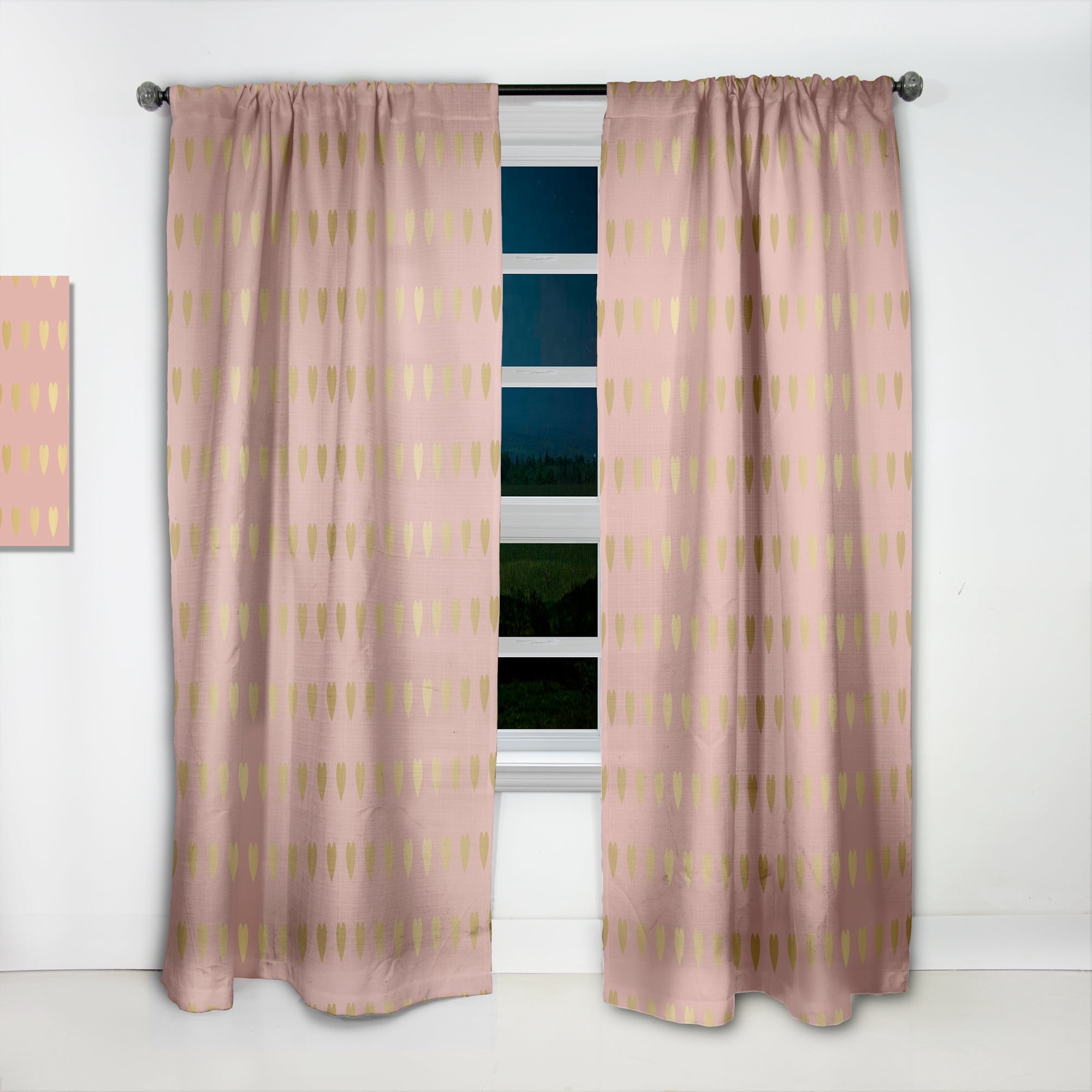 Designart 'Gold Hearts On Pink Retro Pattern' Mid-Century Modern Curtain Panel