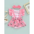 thumbnail image 4 of Infant Baby Girls Ruffle Romper Fly Sleeve Cartoon Elephant Stripe Printed Bodysuit with Headband, 4 of 9
