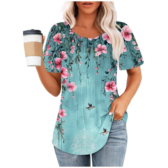 PXLKNZH Tunique à Manches Courtes pour Femmes Chemises Imprimées Florales Col Rond Blouse Habillée Décontractée Plissée Basique Pull Multicolore,L