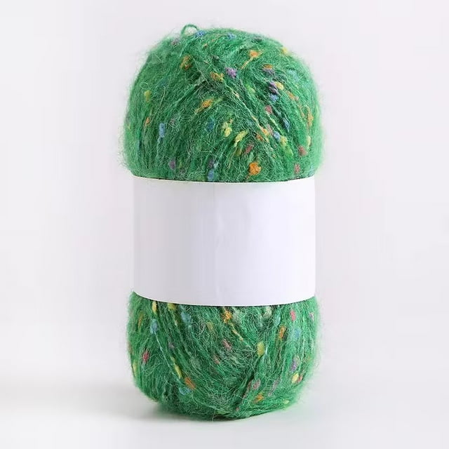 Namzi Hilo de mohair con puntos de colores de 100 g, hilo suave para tejer a mano y hacer ganchillo, ideal para bufandas, chales y manualidades, color verde bosque.