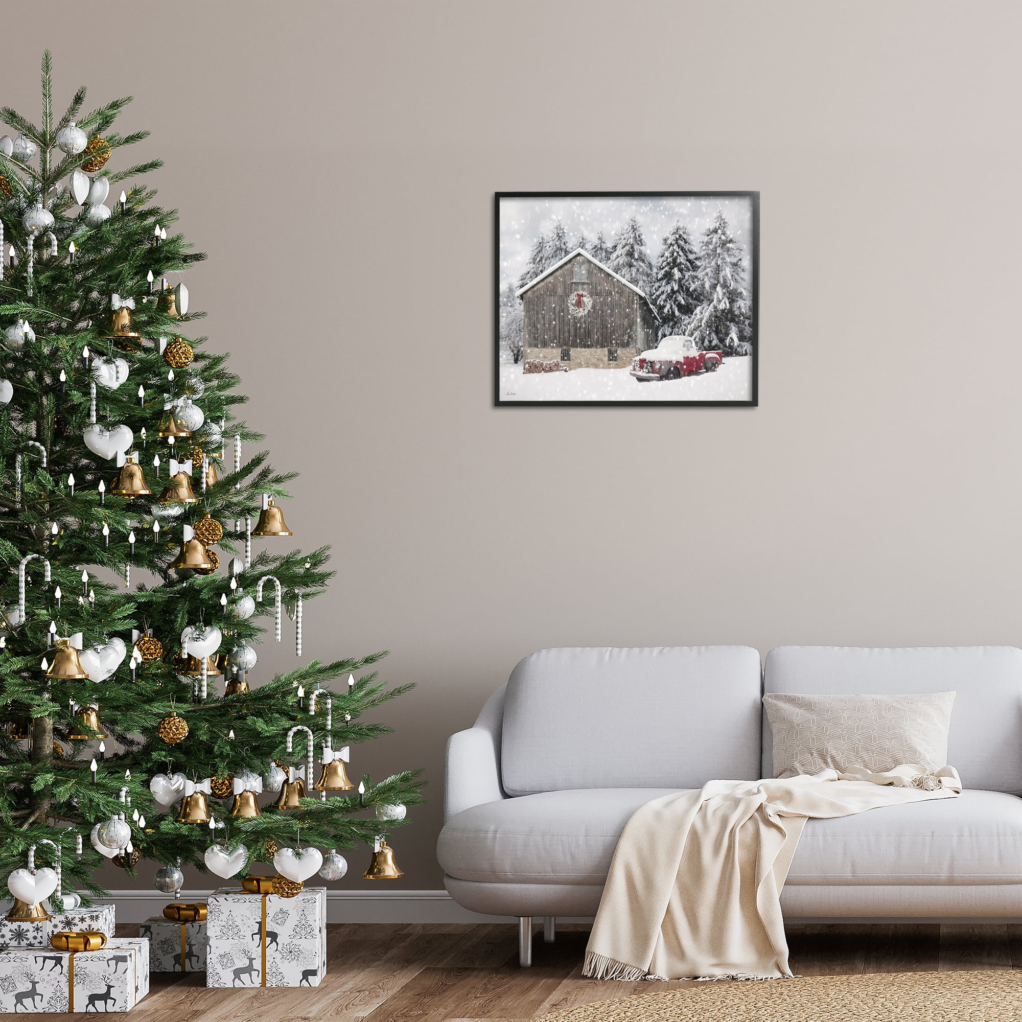 Stupell Industries Snow Covered Farm Scene Holiday Painting Black Framed Art Prints Wall Art, 30 x 24
