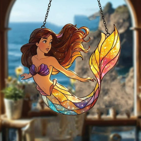 Rainbow Mermaid Acrylic Suncatcher, Sunset Ocean Faux Stained Glass Window Hanging, Coastal Fantasy Decor Gift For Her Unique Bathroom Decor