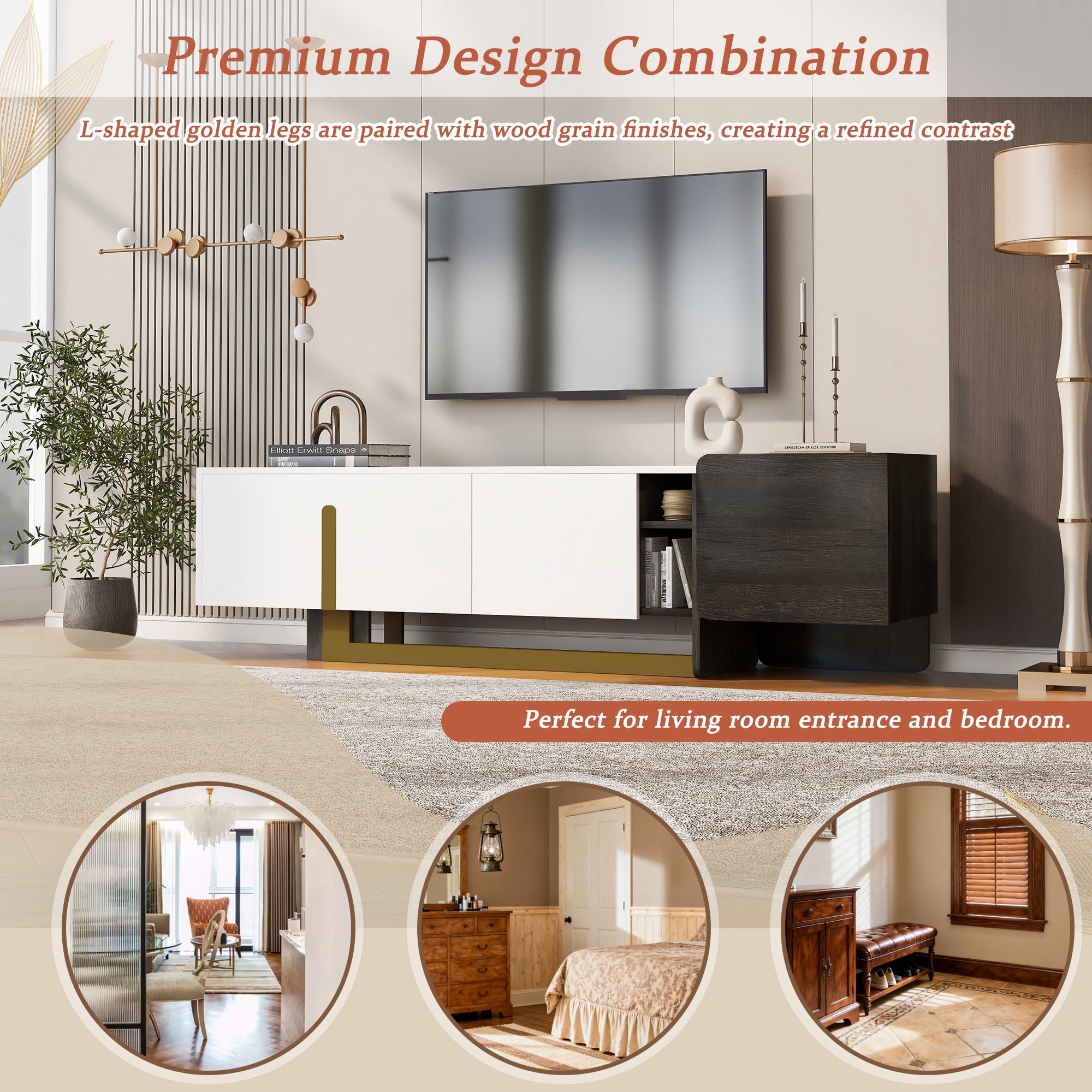 PAPROOS TV Stand for 70 inch tv, TV Cabinet with Drawer & Door, Living Room Media Console Table with Open Shelves, Entertainment Center Television Stand for Living Room, Bedroom, White & Brown