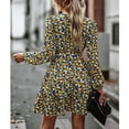 thumbnail image 3 of Vestido midi de manga larga con escote en V y estampado floral en color amarillo con lazo en la cintura para primavera/otoño, 3 of 8
