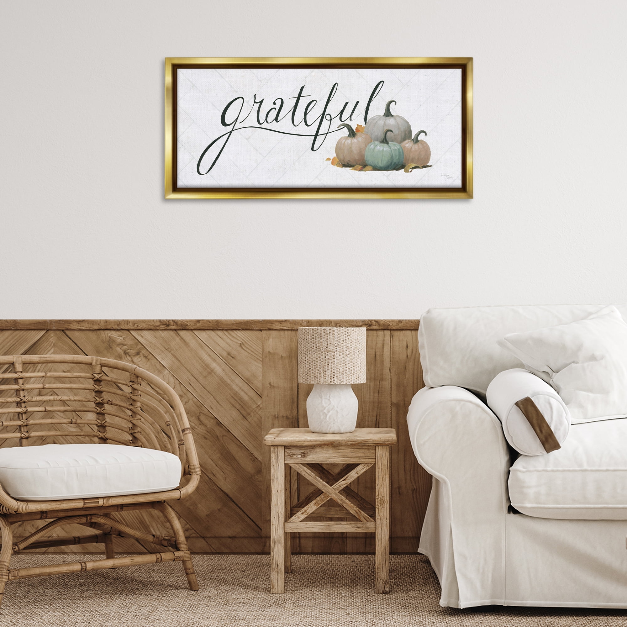 Stupell Industries Grateful with Pumpkins Typography Painting Gold Floater Framed Canvas Art Prints Wall Art, 31 x 14