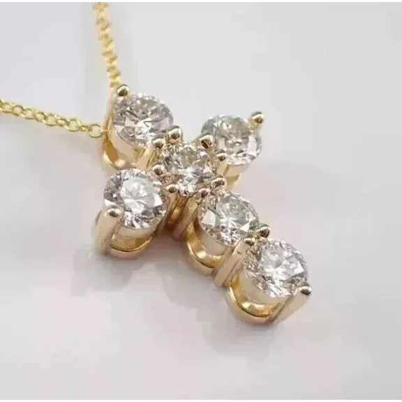 1Ct Round Cut Simulated Diamond Cross Charm Women Pendant 14k Yellow Gold Plated 925 Silver