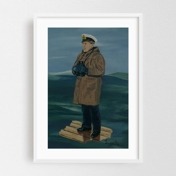 The Captain - Painting Nautical Ocean Seascape Boat Winter Vintage White Framed Wall Art Print 12 x 18 inches