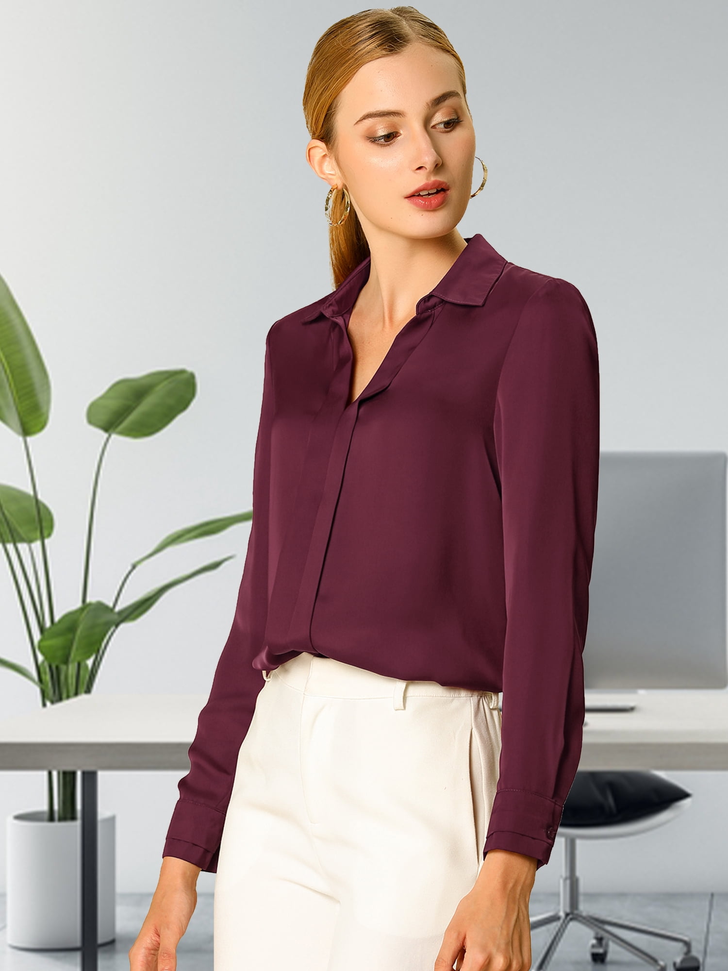 DARING DIVA Women's V Neck Classic Work Office Long Sleeve Shirt 3XL Wine Red