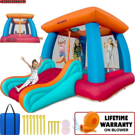 Sportspower Outdoor Inflatable Bounce House with Hoop & Slide for Kids, 144" x 108" x 86.4", Basketball & 400W Blower Included