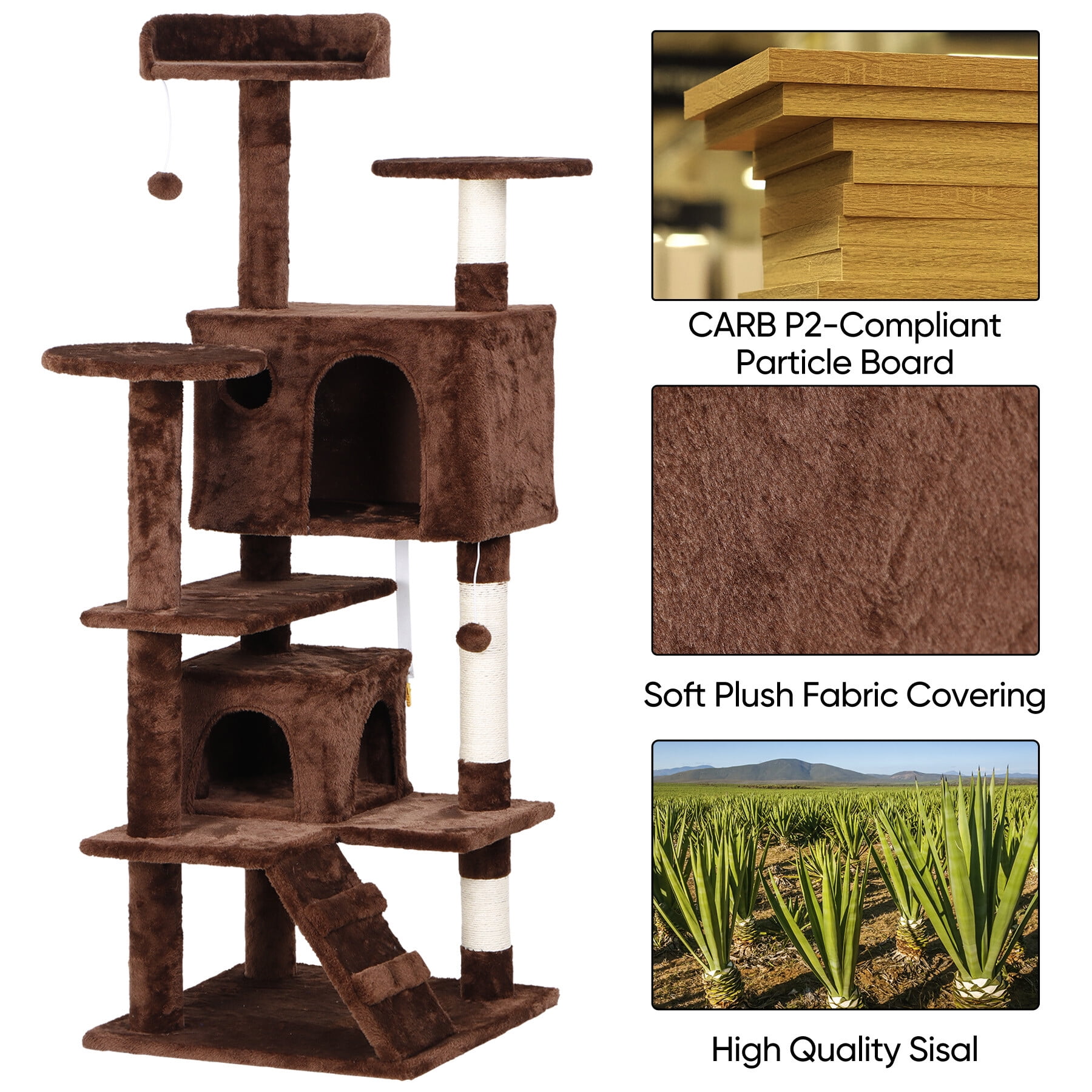 HomGarden 53'' Multi-Level Cat Tree Condo Cat Tower W/Scratching Posts & Plush Perch, Brown