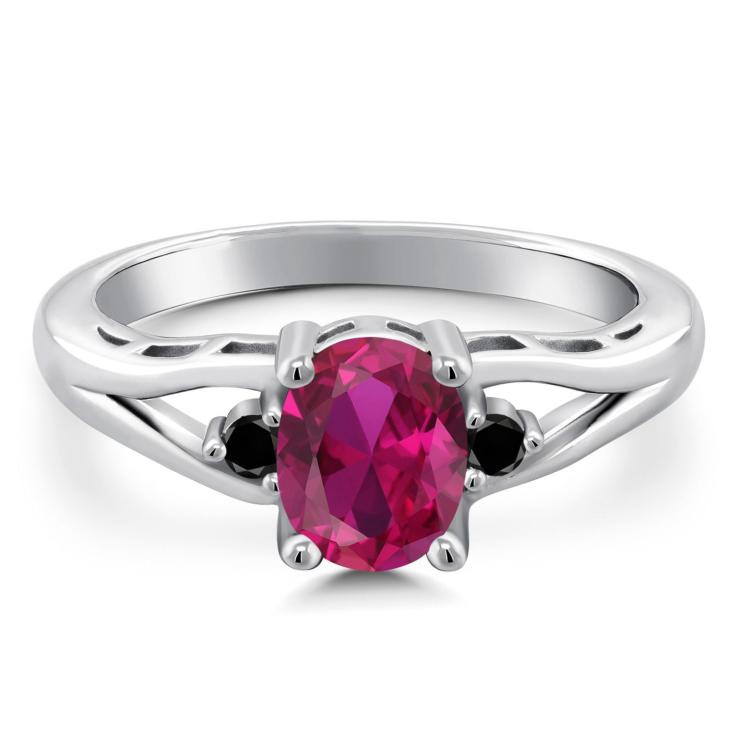 Gem Stone King 925 Sterling Silver Red Created Ruby and Black Diamond 3 Stone Engagement Ring for Women | 1.22 Cttw | Oval 8X6MM | Round 2MM | Gemstone July Birthstone | Size 5