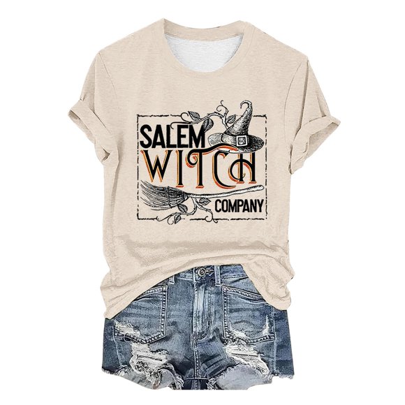 Women's Short Sleeve T-Shirt Clearance Women's Blended T-Shirt Women's Witch Com Pany Vintage Halloween Print T Shirt