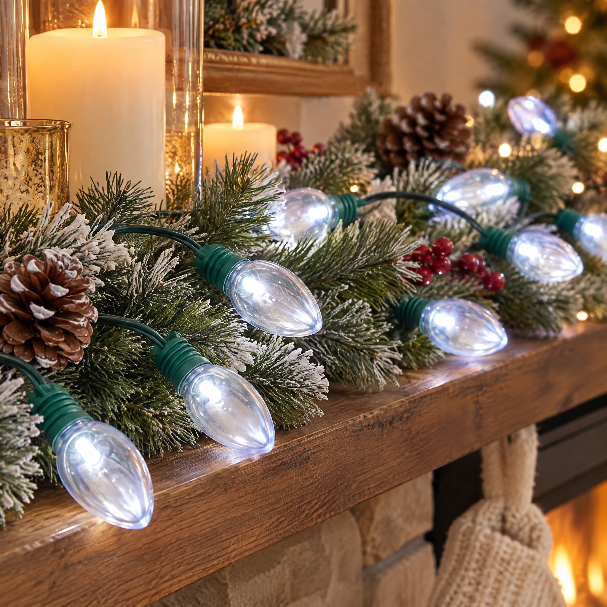 Indoor/Outdoor 100-Count LED Smooth C9 Christmas String Lights, Cool White, Green Wire, 57', by Holiday Time