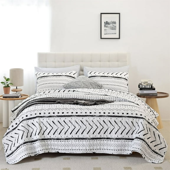 SPRINDAY Quilt Set Queen Size - Lightweight Boho Bedding Bedspreads with Geometric Printed for All Season 3 Piece (1 Quilt, 2 Pillowcases) - White