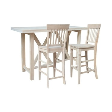 International Concepts Unfinished Solid Wood 3-Piece Dining Set with Bar Height Table and 2 30 in. Seat Height Slat Back Bar Stools